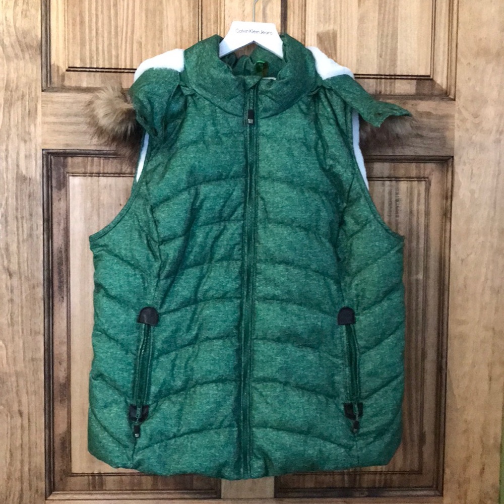 Green Puffer Vest with Faux Fur hood